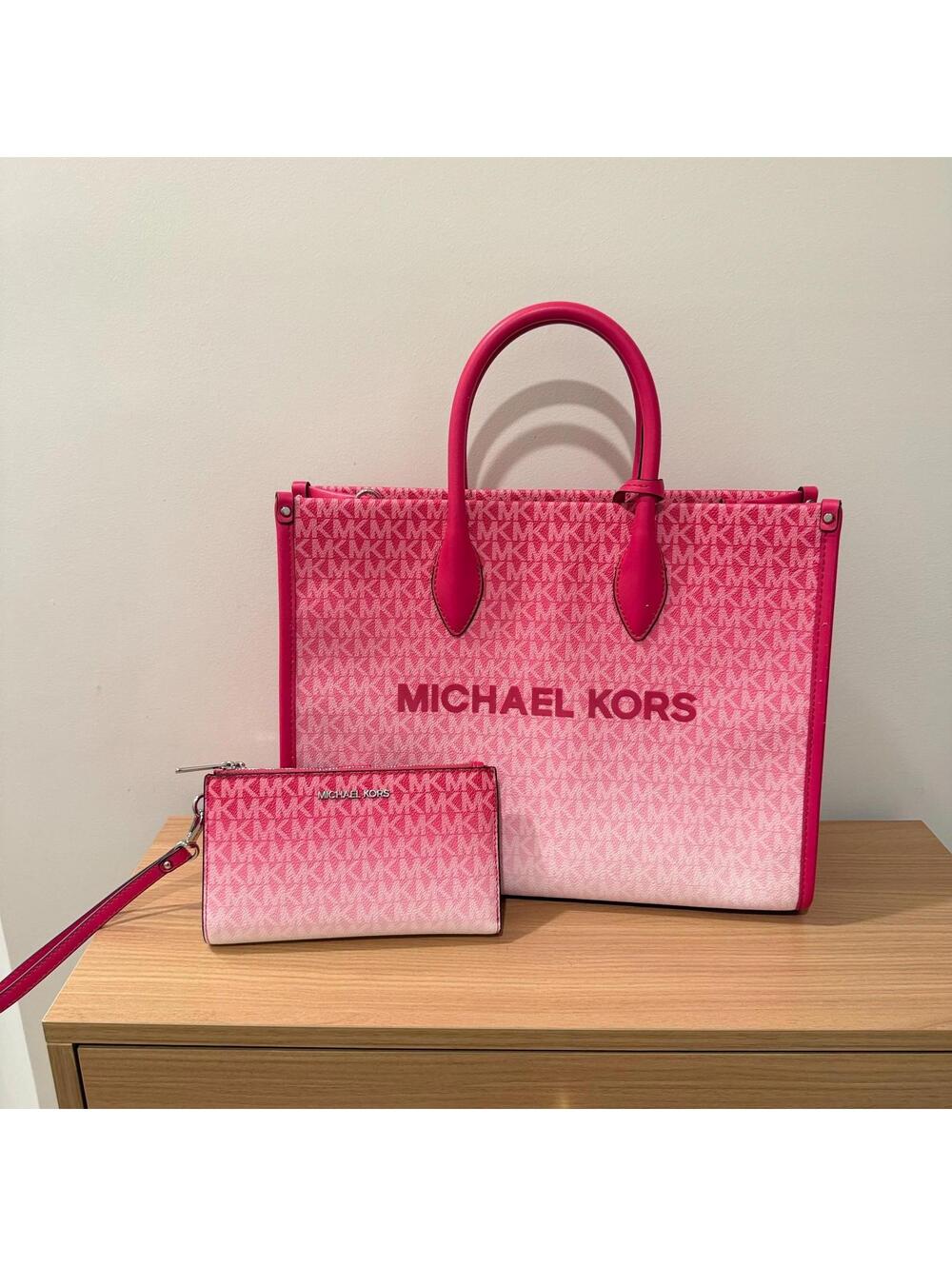 Michael Kors Dragonfruit Pink Mirella Ombré Signature Logo Tote Bag & Wallet Set